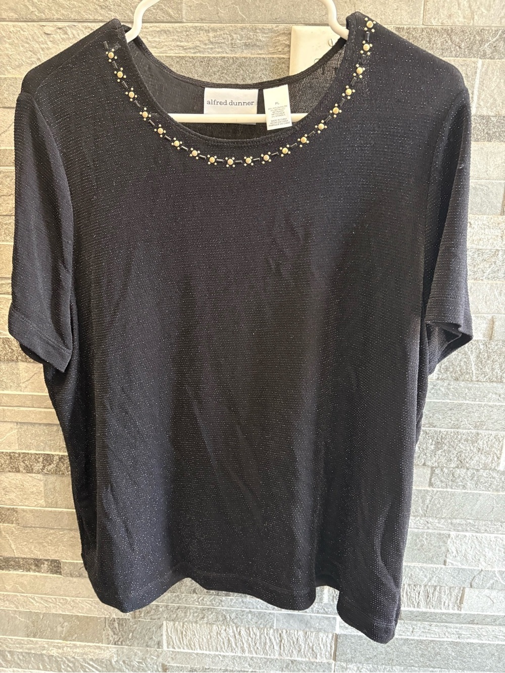 Alfred Dunner Black Short Sleeve Top with Beaded Neckline